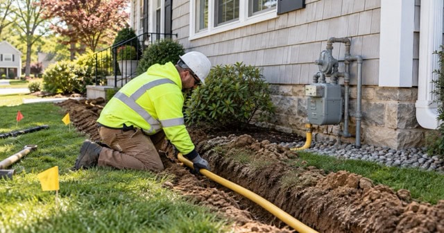 New Jersey contractor installing a residential natural-gas line during an oil-to-gas conversion