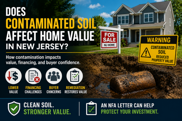 New Jersey home for sale with contaminated soil warning, showing buried oil tank contamination and explaining how soil issues can affect home value and financing.