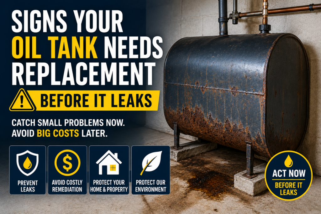 Rusty aboveground home heating oil tank showing corrosion and staining, warning New Jersey homeowners to replace an aging oil tank before it leaks.