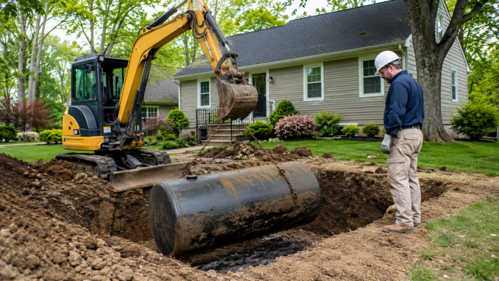 Leaking underground heating oil tank being removed from a New Jersey property